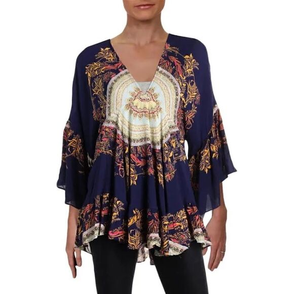 Free People | Sunset Dreams Printed Bell Sleeves Flowy Boho Tunic Top | S - Picture 4 of 6